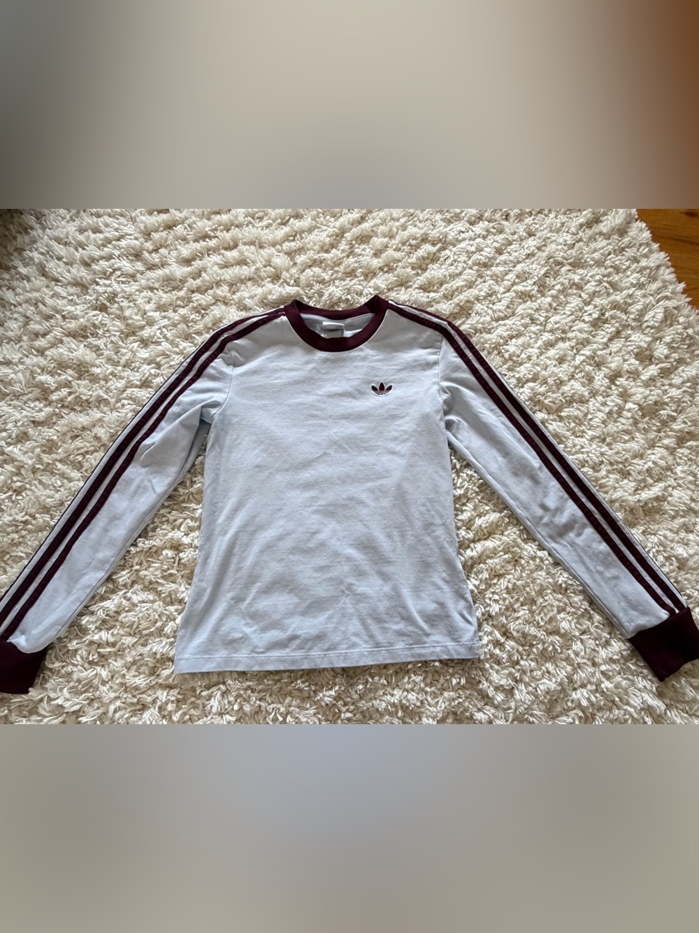 adidas White Long-Sleeve Tee with Burgundy Stripes